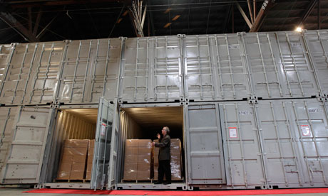 Brewster Kahle shows the converted shipping containers used to store books in Richmond, California
