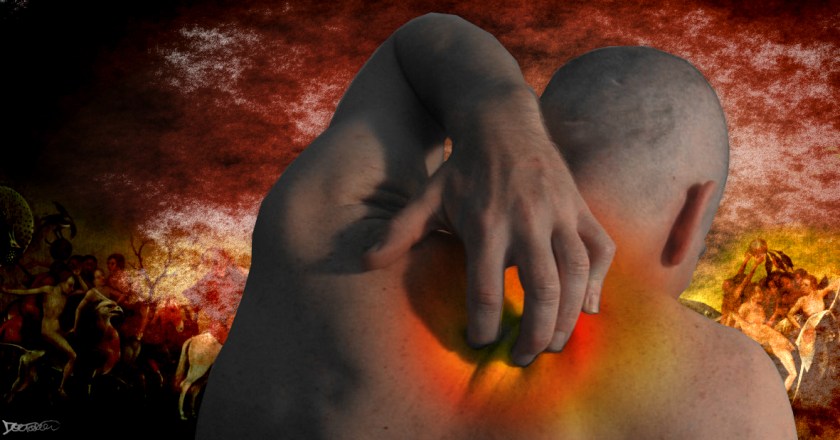 A shirtless bald man seen from behind. He has contorted one arm between his shoulder blades to scratch an itch. The itchy area glows red, as do the abstract clouds surrounding him. Small angelic figures caper in the mist.