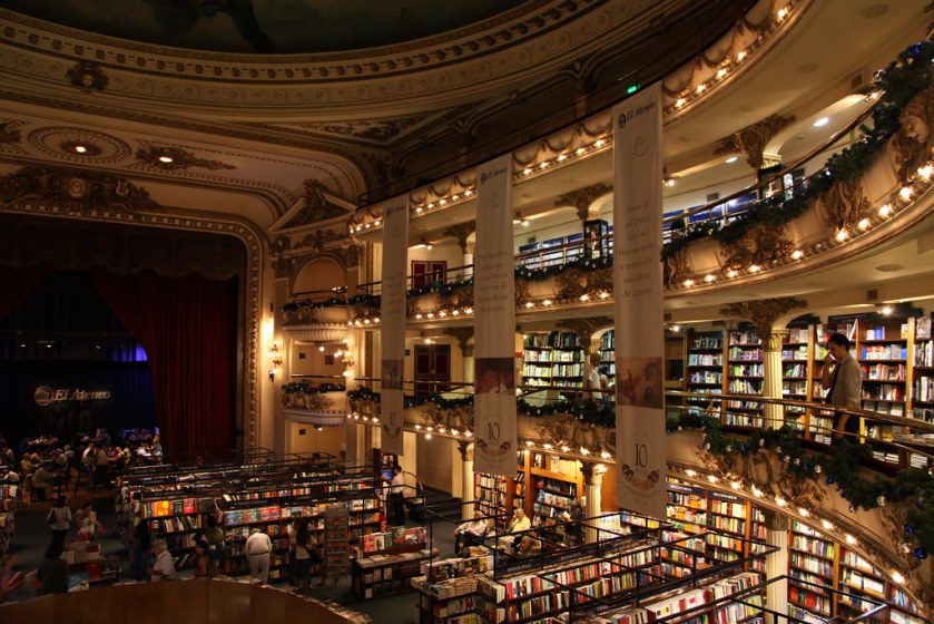 A shot of the legendary El Ateneo bookstore, 'the world's most beautiful bookstore,' housed in a former grand theater in Buenos Aires, Argentina.