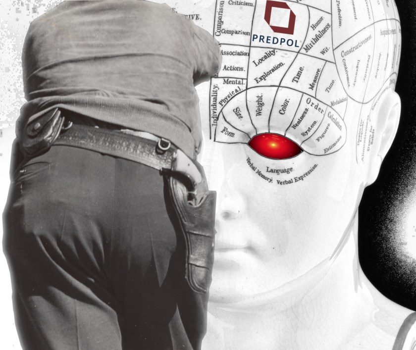 A rear view of a beefy cop with a prominent sidearm, leaning indolently on a phrenology bust whose eye has been replaced with the glowing red eye of HAL9000 from 2001: A Space Odyssey. One of the labelled sections of the phrenology bust has been replaced with the logo for Predpol.