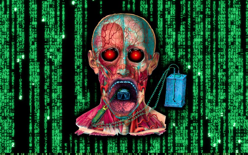 An anatomical drawing of a flayed human head; it has been altered to give it a wide-stretched mouth revealing a gadget nestled in the back of the figure's throat, connected by a probe whose two coiled wires stretch to an old fashioned electronic box. The head's eyes have been replaced by the red, menacing eye of HAL 9000 from Stanley Kubrick's '2001: A Space Odyssey.' Behind the head is a code waterfall effect as seen in the credits of the Wachowskis' 'The Matrix.'