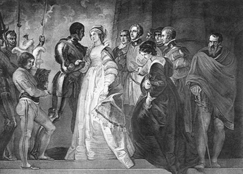 Gravura ou pintura clássica retratando uma cena de 'Otelo, o Mouro de Veneza' de Shakespeare, mostrando Otelo e Desdêmona cercados por outros personagens.