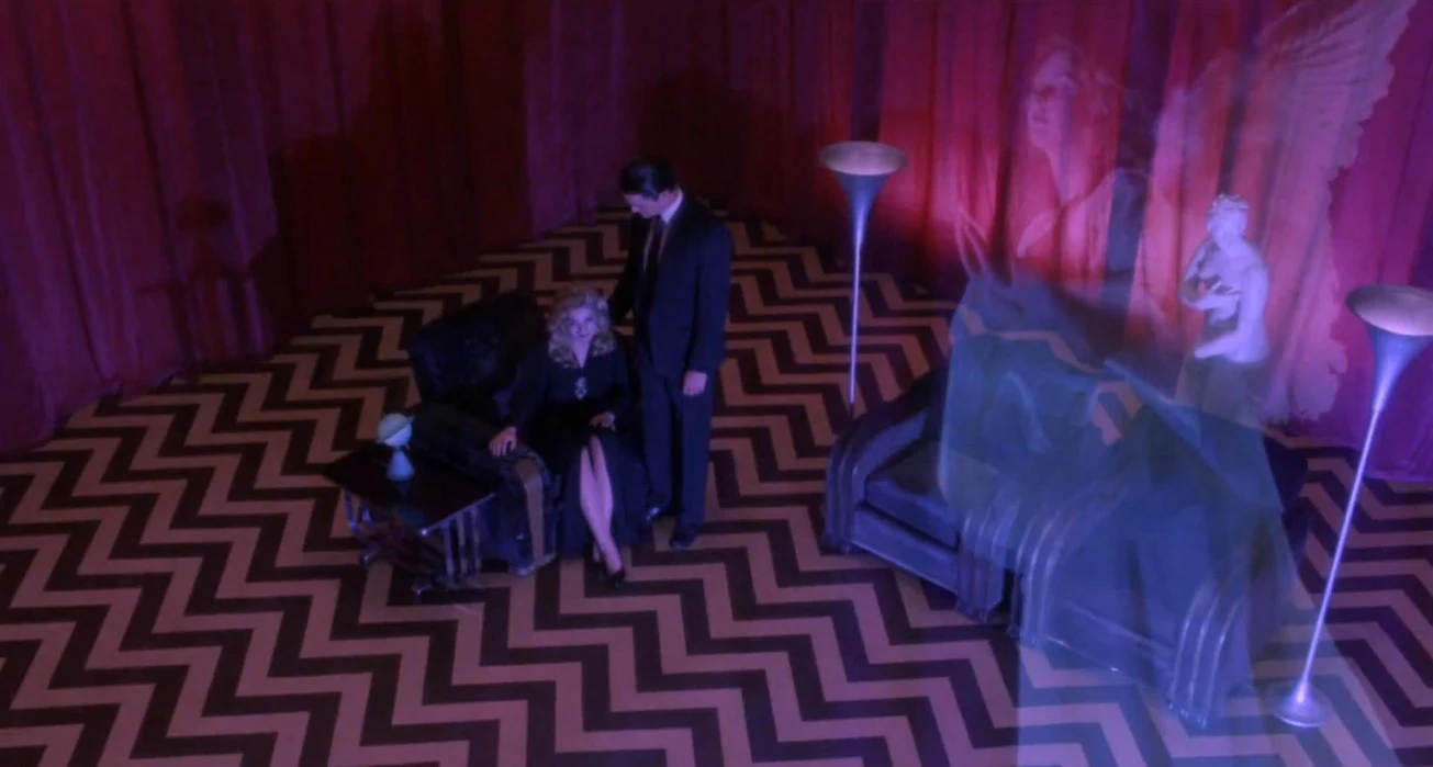 Kyle MacLachlan, Sheryl Lee: Cena da série Twin Peaks no Red Room (Black Lodge) com Dale Cooper e Laura Palmer.