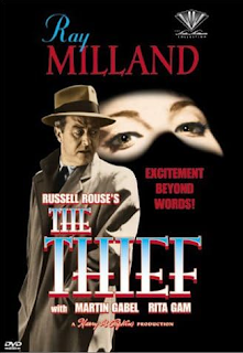 Ray Milland: Cartaz do filme 'The Thief' com Ray Milland, mostrando um homem de chapéu e um par de olhos ao fundo.