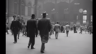 unknown: Fotografia em preto e branco de pessoas caminhando em uma estação de trem ou saguão público, homens usando chapéus e sobretudos.