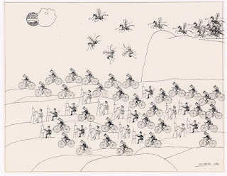 Uma ilustração artística em nanquim mostrando figuras em bicicletas, pintores em cavaletes e figuras aladas no céu, datada de 1968 por Saul Steinberg.