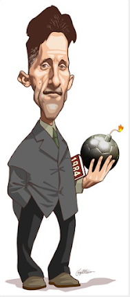George Orwell: Caricatura de George Orwell segurando o livro 1984 e uma bomba com pavio aceso.