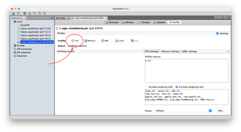 VisualVM profiler tab, pre-run