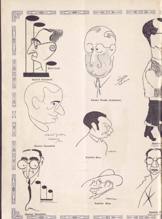 Tira de quadrinhos: Uma página contendo várias caricaturas de homens, identificados como Daniel González, Xavier Prado (Lameiro) e Camilo Díaz.