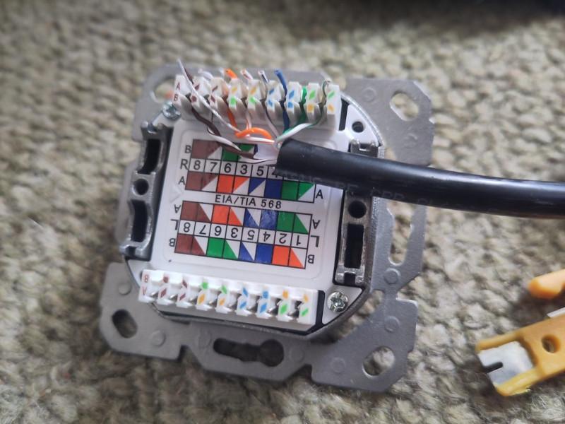 A photo of the cable being wired into the back of the faceplate