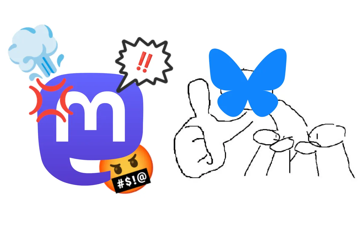 An upset Mastodon logo next to a group of people talking, with one person jumping out from the group with a Bluesky logo on its head giving the Mastodon logo a big, indifferent thumbs up