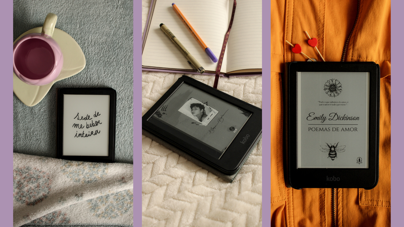 Uma montagem de três fotos artísticas mostrando leitores digitais Kobo em diferentes cenários aconchegantes com livros e café.