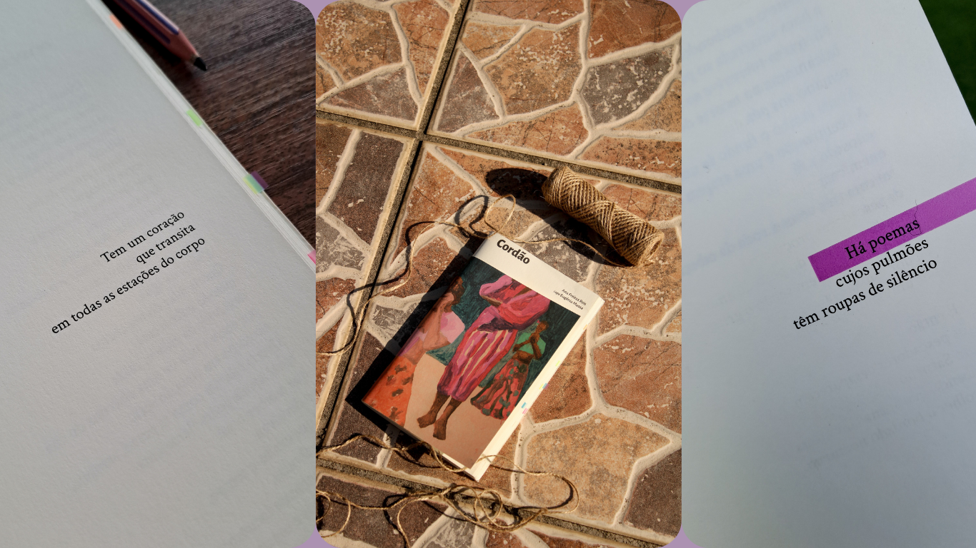 Uma composição artística de três imagens mostrando páginas de um livro de poesia e a sua capa, intitulada 'Cordão', ao lado de um rolo de barbante sobre um piso de pedra.