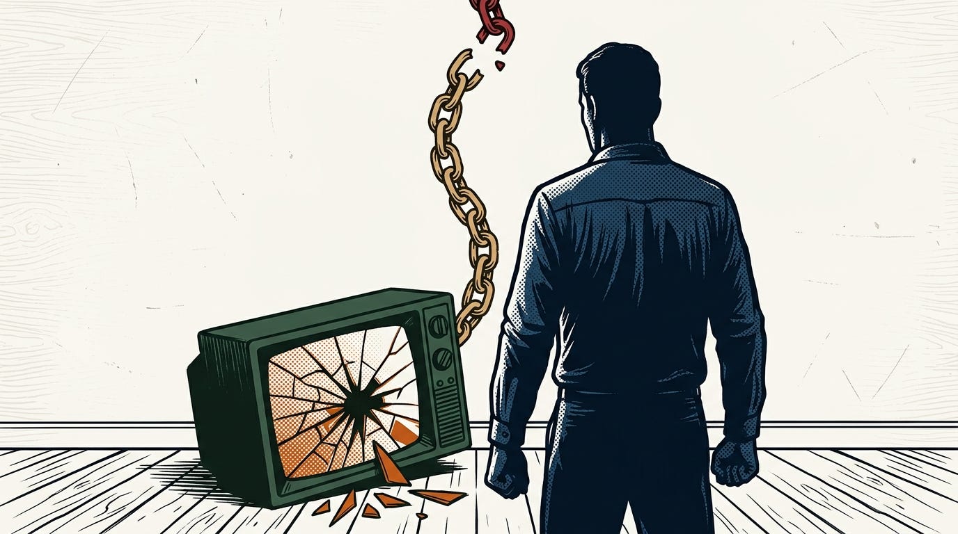 Ilustração estilo pop art de um homem de costas observando uma televisão quebrada e uma corrente partida, simbolizando libertação da mídia.