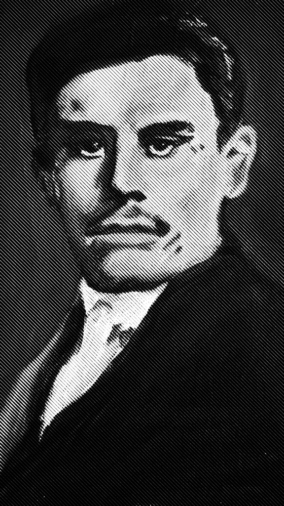 Maxim Gorky: Retrato estilizado em alto contraste com efeito de linhas diagonais de um homem com bigode vestindo terno e gravata.