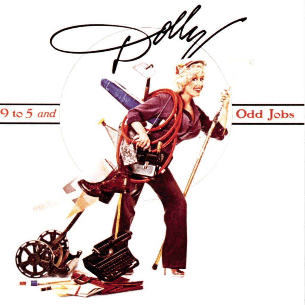 Dolly Parton: Capa do álbum '9 to 5 and Odd Jobs' mostrando a artista carregando diversos instrumentos de trabalho.