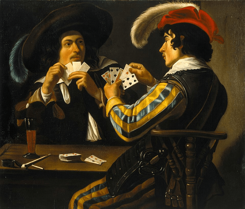 Theodoor Rombouts (artista): Pintura a óleo de estilo barroco retratando dois homens jogando cartas em uma mesa, possivelmente 'Os Jogadores de Cartas' de Theodoor Rombouts.