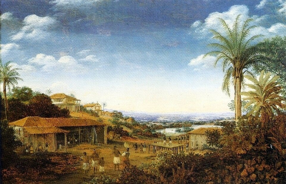Frans Post: Pintura a óleo de Frans Post retratando um engenho de açúcar no Brasil colonial, com trabalhadores escravizados e paisagem tropical.