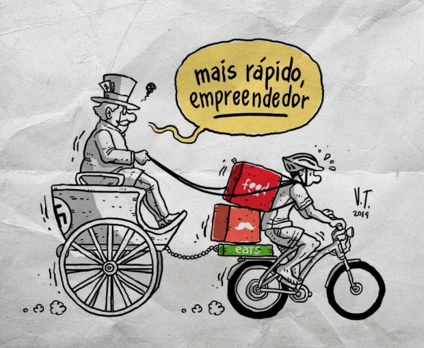 Tira de quadrinhos: Charge crítica sobre a 'uberização' do trabalho, mostrando um burguês em uma carruagem sendo puxada por um entregador de aplicativo em uma bicicleta, com o texto 'mais rápido, empreendedor'.
