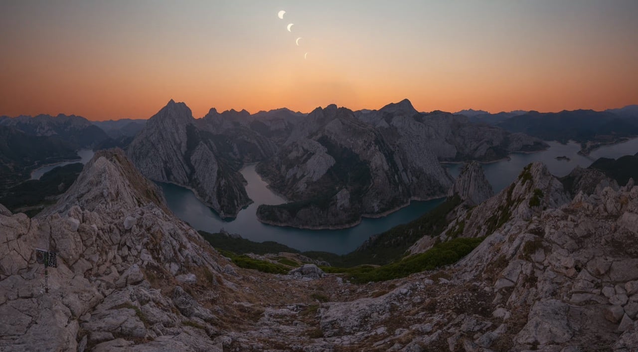 A composite view of a solar eclipse over a winding river valley surrounded by rugged, rocky mountains at sunset.