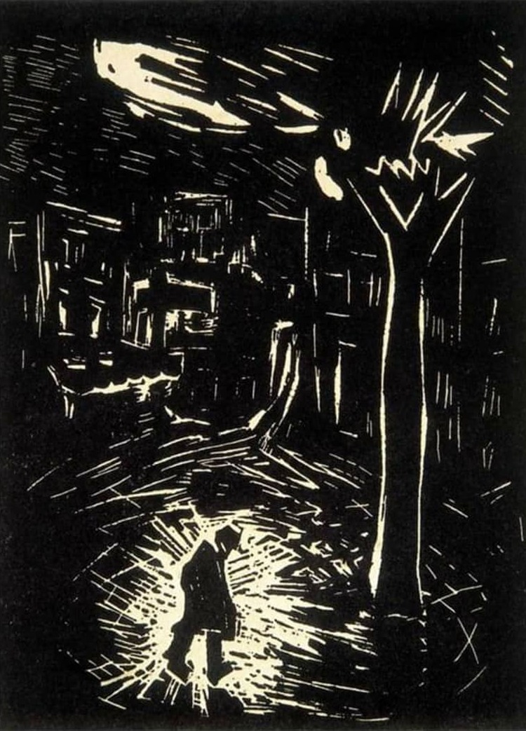 Xilogravura expressionista em preto e branco mostrando uma figura solitária sob um poste de luz em uma rua escura.