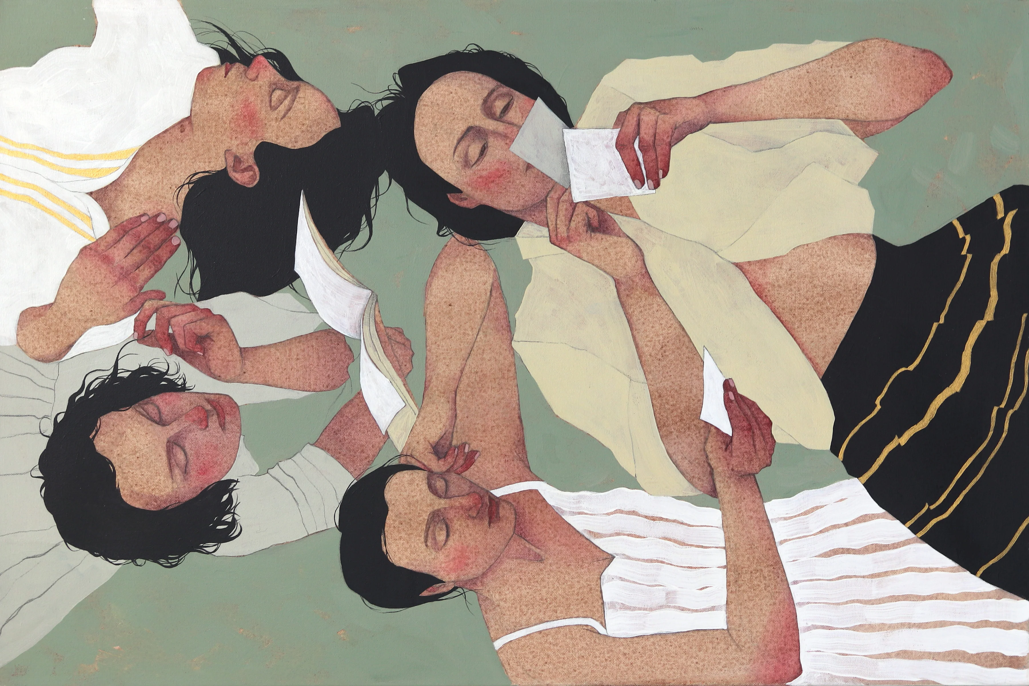 Pintura artística de quatro mulheres deitadas, segurando papéis ou cartas.