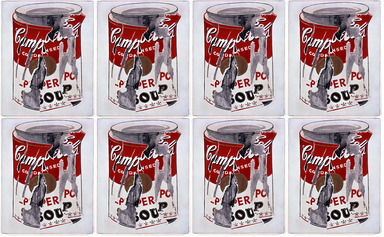Andy Warhol: Reproduction of the pop art work 'Small Torn Campbell's Soup Can (Pepper Pot)' by Andy Warhol in a grid pattern.