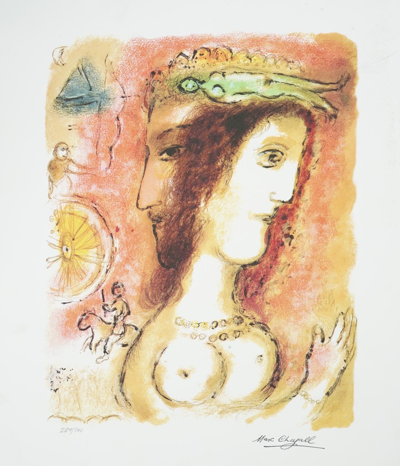 Litografia surrealista de Marc Chagall mostrando rostos sobrepostos, uma figura feminina e elementos simbólicos.