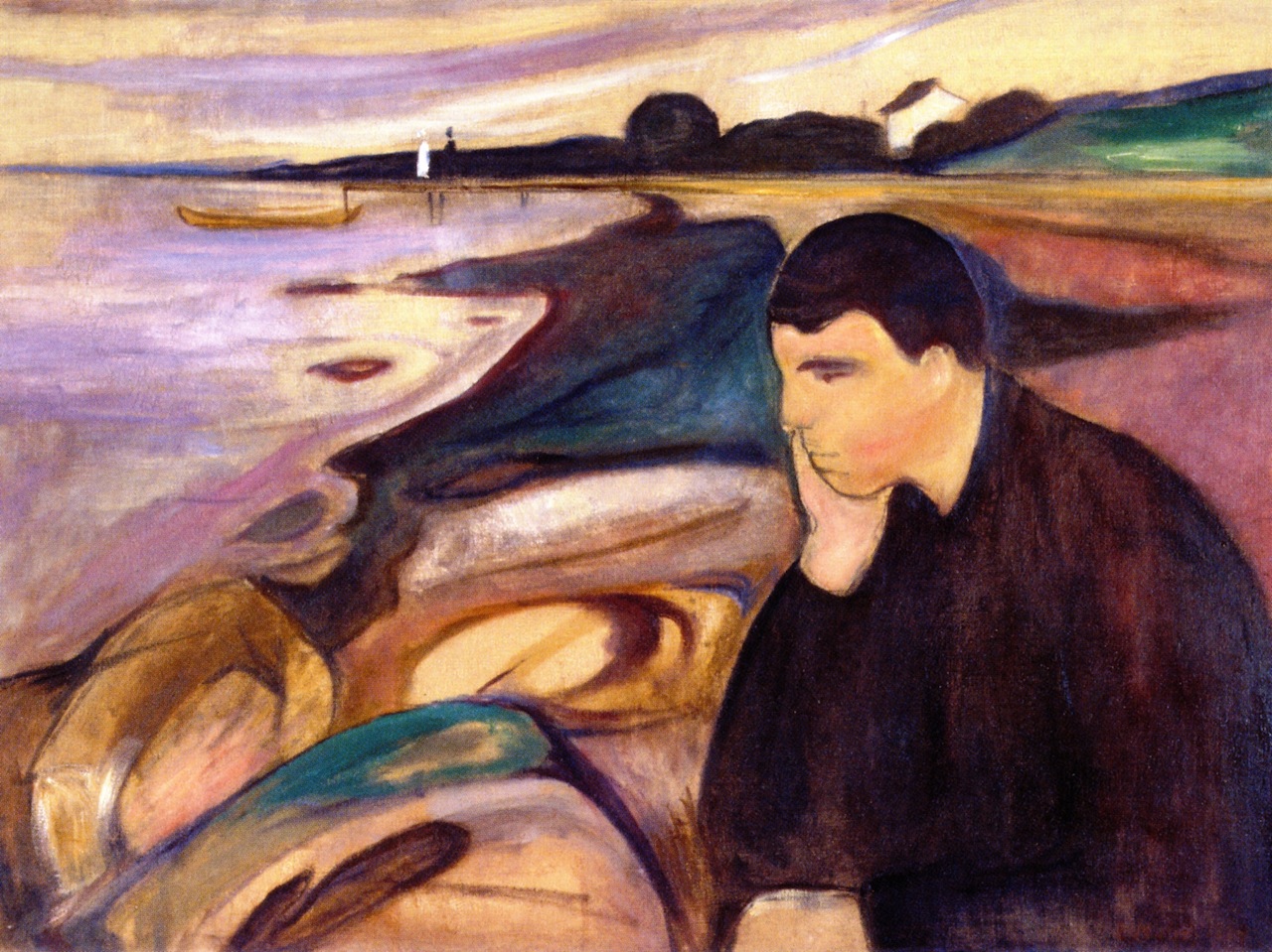 Pintura a óleo intitulada 'Melancolia' de Edvard Munch, retratando um homem pensativo à beira-mar.