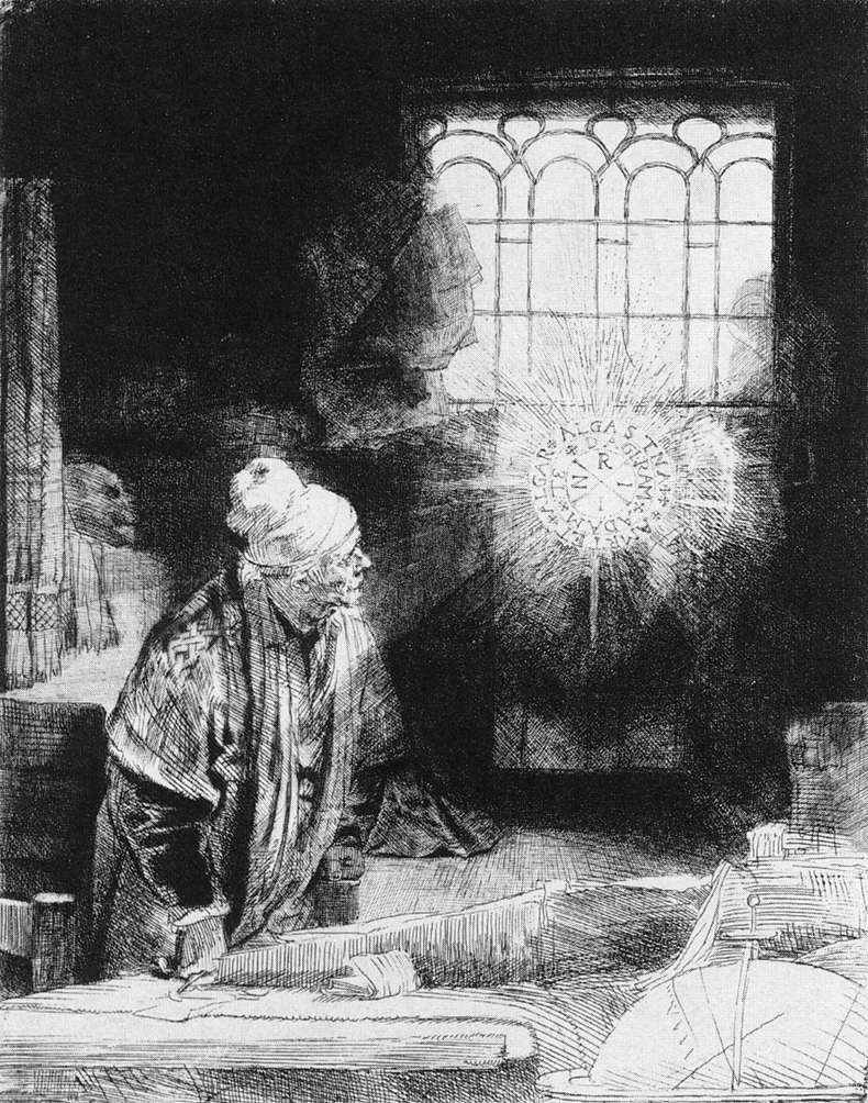 Rembrandt van Rijn: Gravura de Rembrandt intitulada 'Fausto' ou 'Erudito em seu gabinete', mostrando um homem observando um disco luminoso mágico.