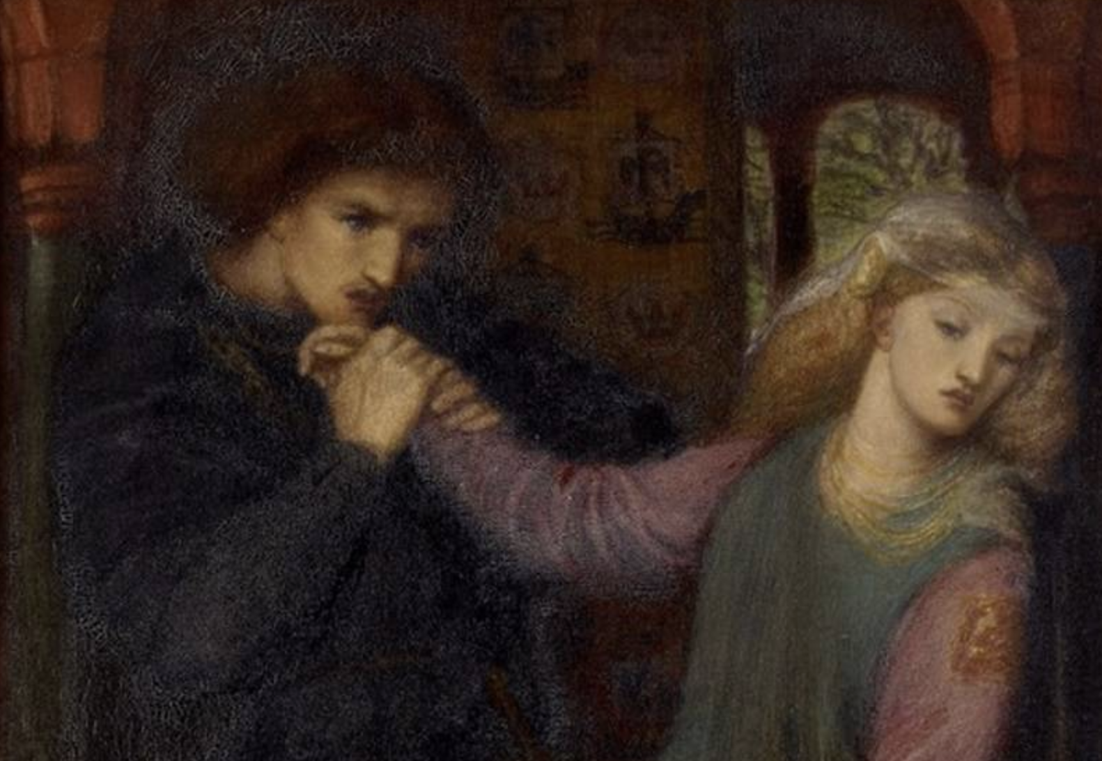 Dante Gabriel Rossetti (atribuído ao estilo): Pintura prérrafaelita retratando um homem beijando a mão de uma mulher enquanto ela desvia o olhar com melancolia.